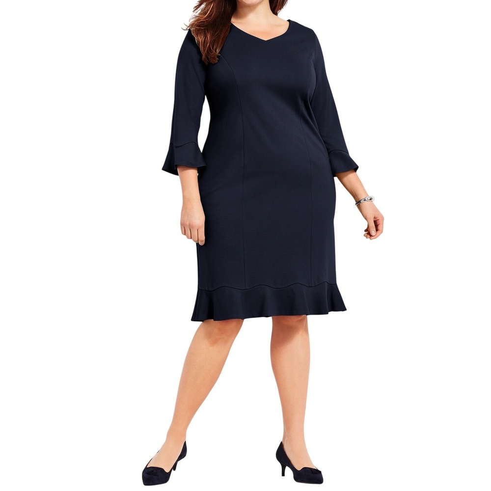 Talbots Flounce Ponte Sheath Dress Navy Blue Ruffle Hem Bell Sleeve 16 Nwts